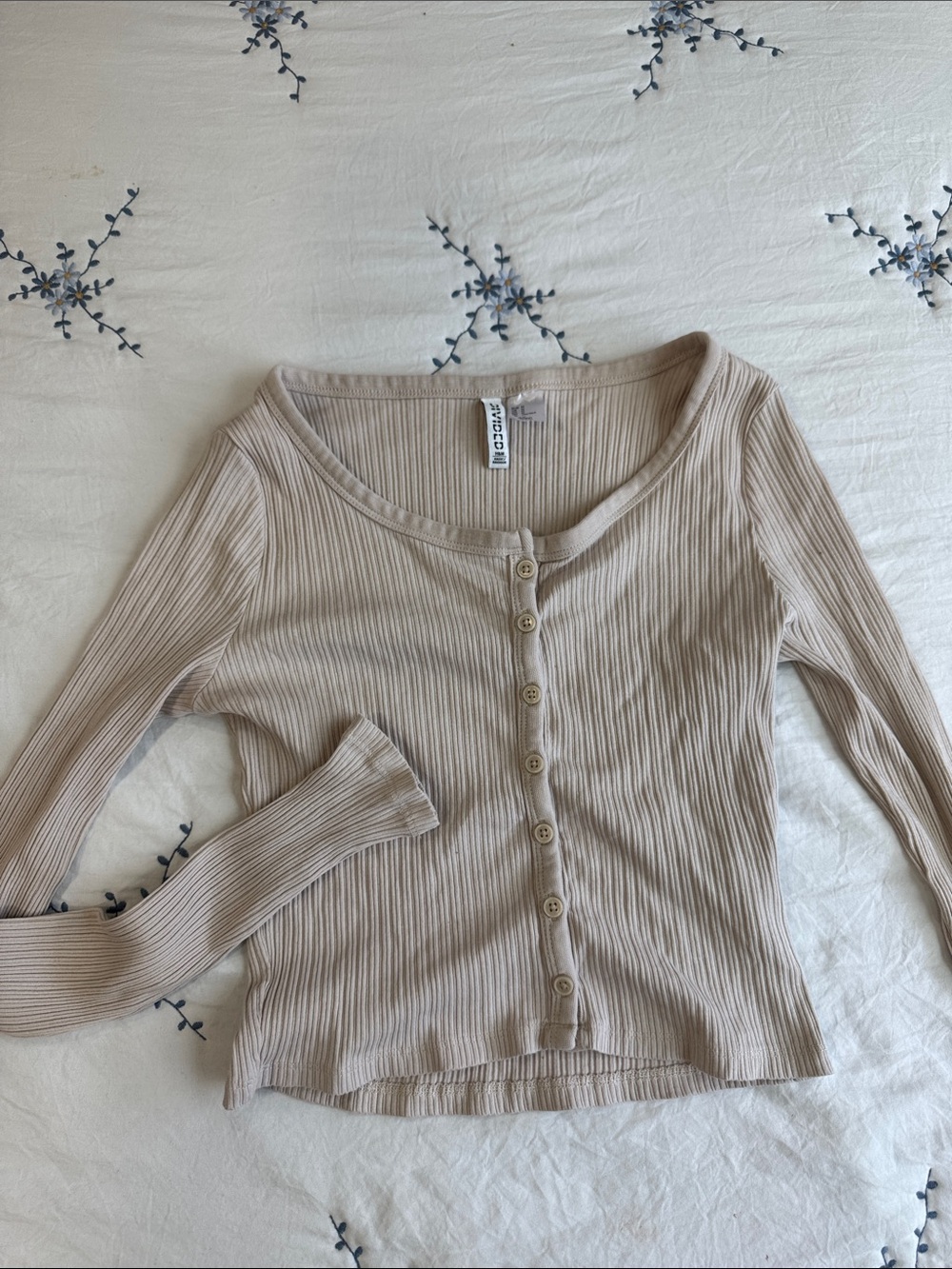 H&M Beige Ribbed Button-Front Long Sleeve Top